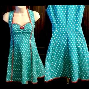 Sourpuss Vintage Style teal & white polka dot dress red trim size Medium